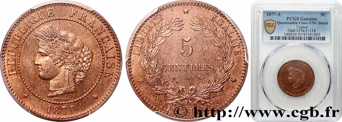 5 centimes Cérès 1877 Paris F.118/15 SC PCGS