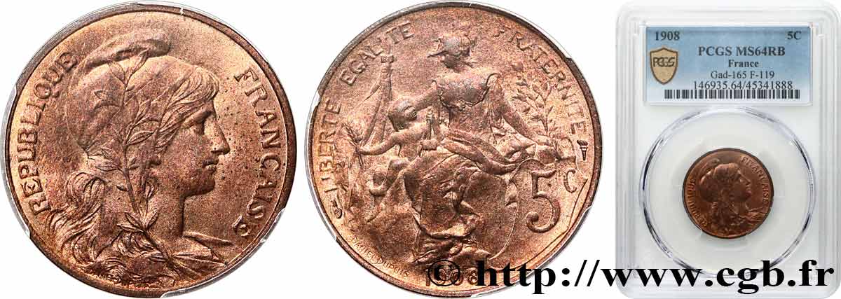 5 centimes Daniel-Dupuis 1908  F.119/19 SPL64 PCGS