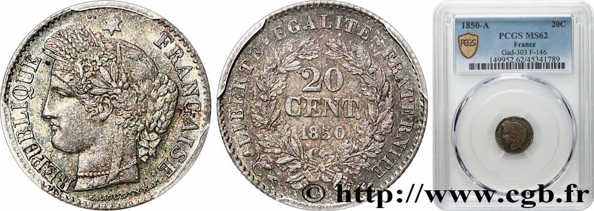 20 centimes Cérès, IIe République 1850 Paris F.146/3 MS62 PCGS