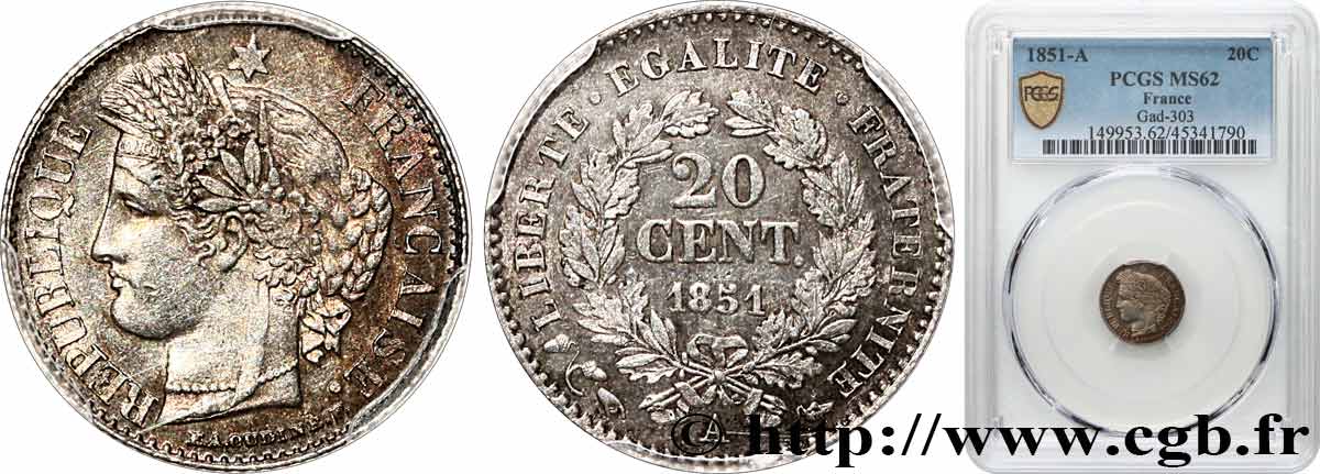 20 centimes Cérès, IIe République 1851 Paris F.146/7 SPL62 PCGS
