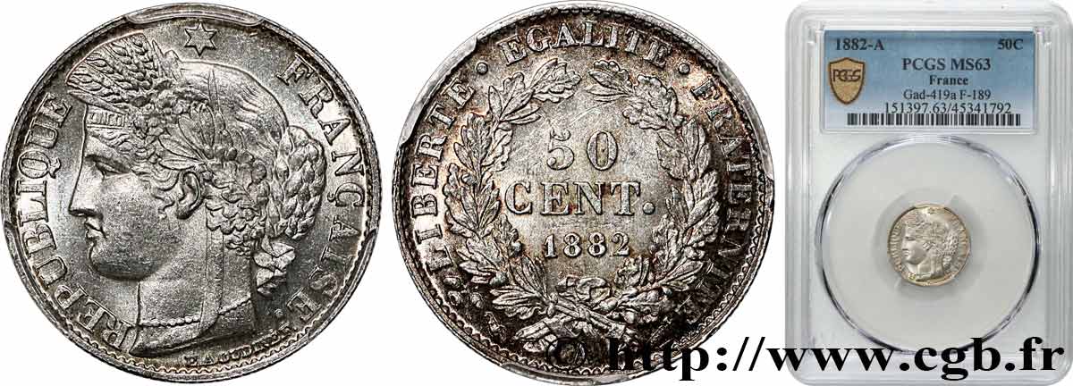 50 centimes Cérès, IIIe République 1882 Paris F.189/10 MS63 PCGS