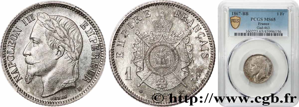 1 franc Napoléon III, tête laurée 1867 Strasbourg F.215/7 FDC65 PCGS