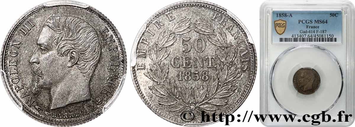 50 centimes Napoléon III, tête nue 1858 Paris F.187/9 SPL64 PCGS