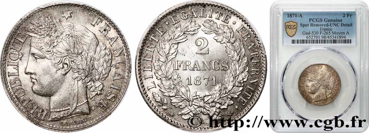 2 francs Cérès, avec légende 1871 Paris F.265/4 SUP+ PCGS