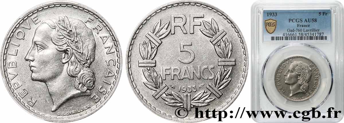 5 francs Lavrillier, nickel 1933  F.336/2 SUP58 PCGS