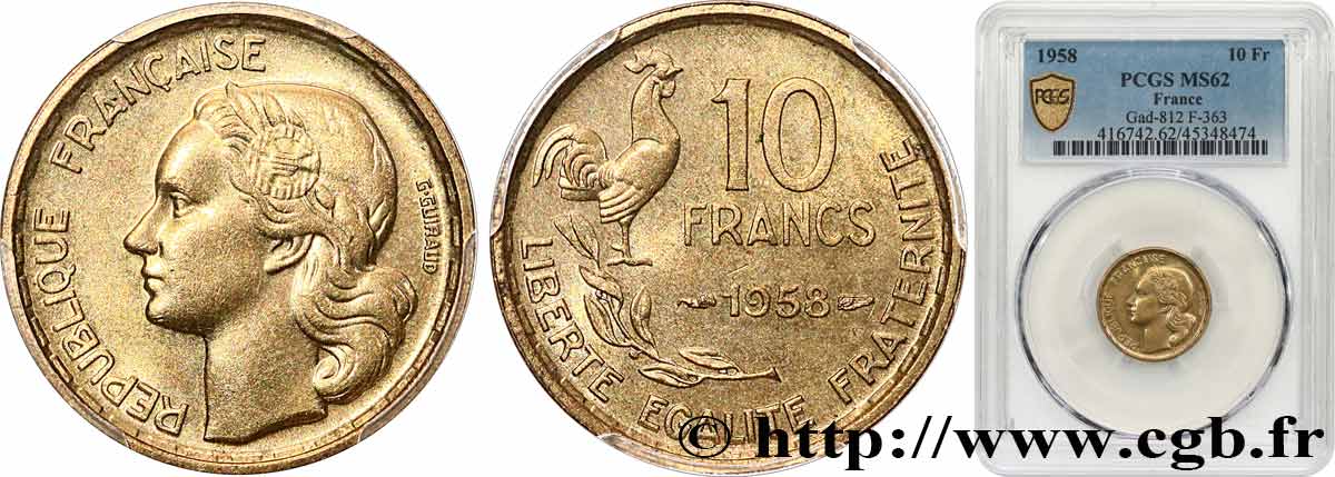 10 francs Guiraud 1958  F.363/14 SPL62 PCGS