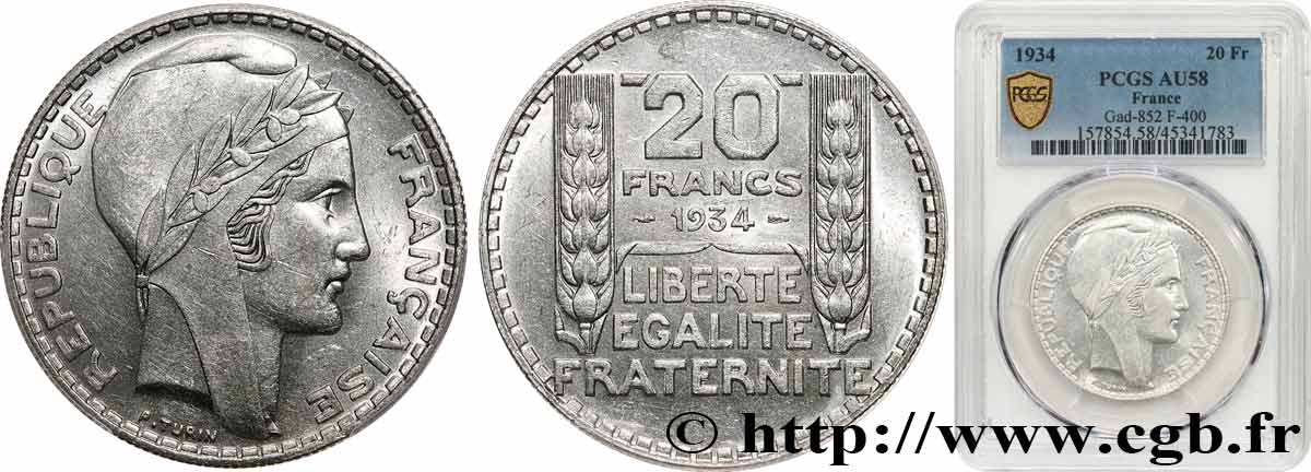 20 francs Turin 1934  F.400/6 AU58 PCGS