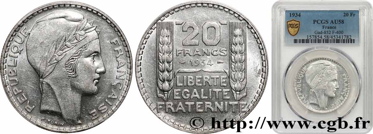 20 francs Turin 1934  F.400/6 EBC58 PCGS