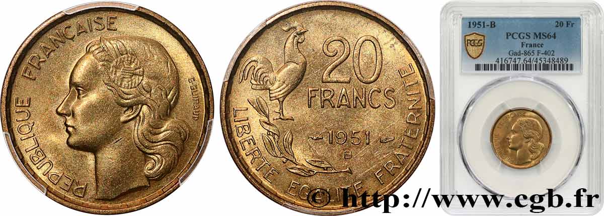 20 francs G. Guiraud 1951 Beaumont-Le-Roger F.402/8 MS64 PCGS