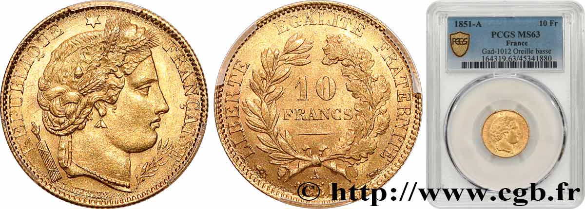 10 francs or Cérès, IIe République 1851 Paris F.504/3 SPL63 PCGS