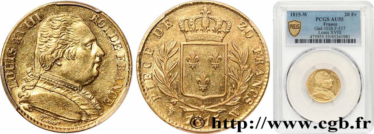 20 francs or Louis XVIII, buste habillé 1815 Lille F.517/18 VZ55 PCGS