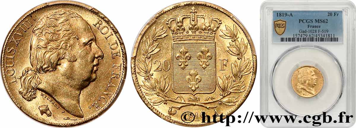 20 francs or Louis XVIII, tête nue 1819 Paris F.519/15 SUP62 PCGS