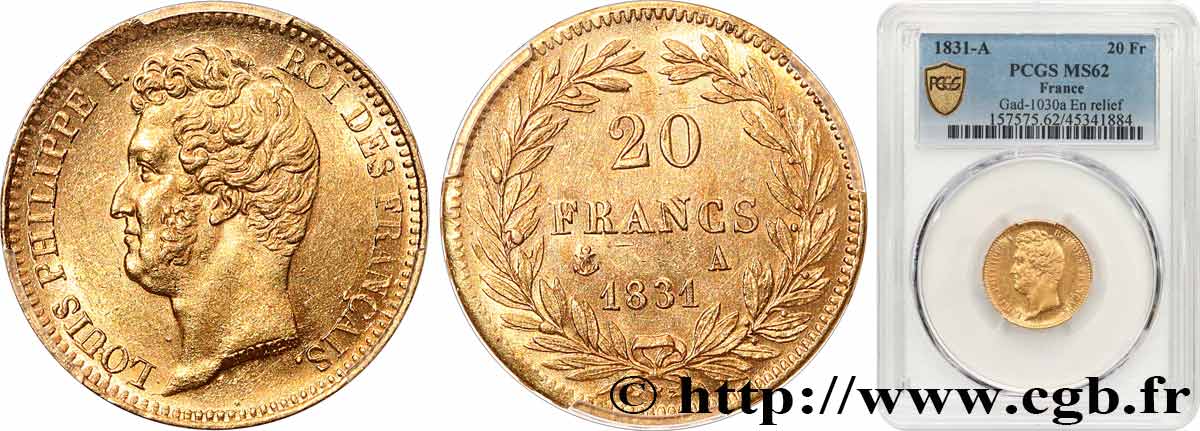 20 francs or Louis-Philippe, Tiolier, tranche inscrite en relief 1831 Paris F.525/2 MS62 PCGS