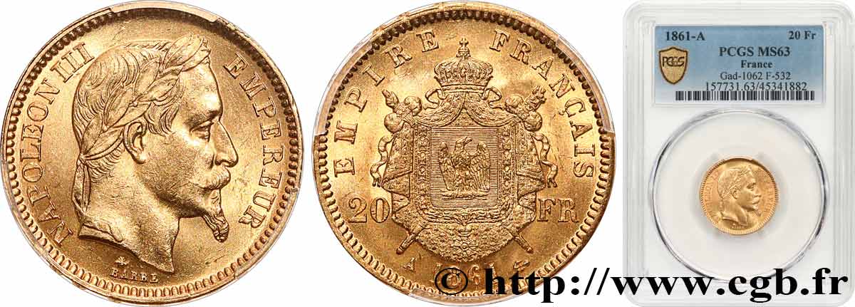 20 francs or Napoléon III, tête laurée 1861 Paris F.532/1 SPL63 PCGS