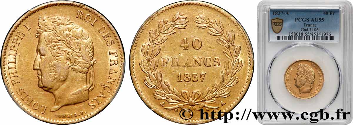 40 francs or Louis-Philippe 1837 Paris F.546/10 EBC55 PCGS