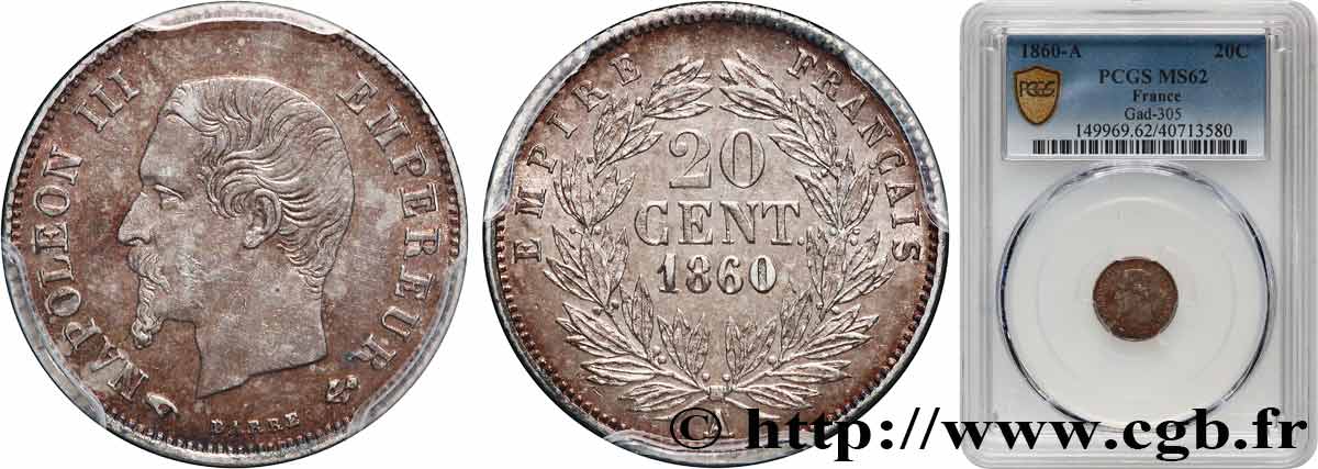 20 centimes Napoléon III, tête nue 1860 Paris F.148/14 SUP62 PCGS
