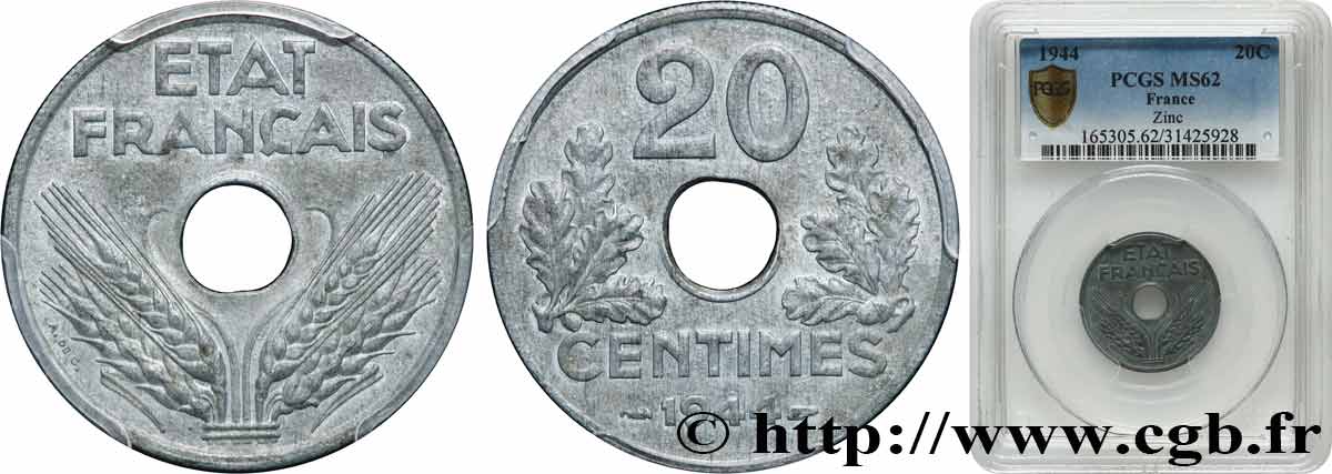 20 centimes État français, légère 1944  F.153A/2 EBC62 PCGS