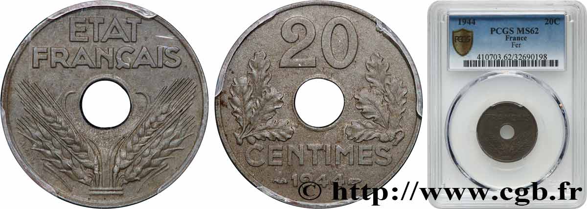 20 centimes fer 1944  F.154/3 MS62 PCGS