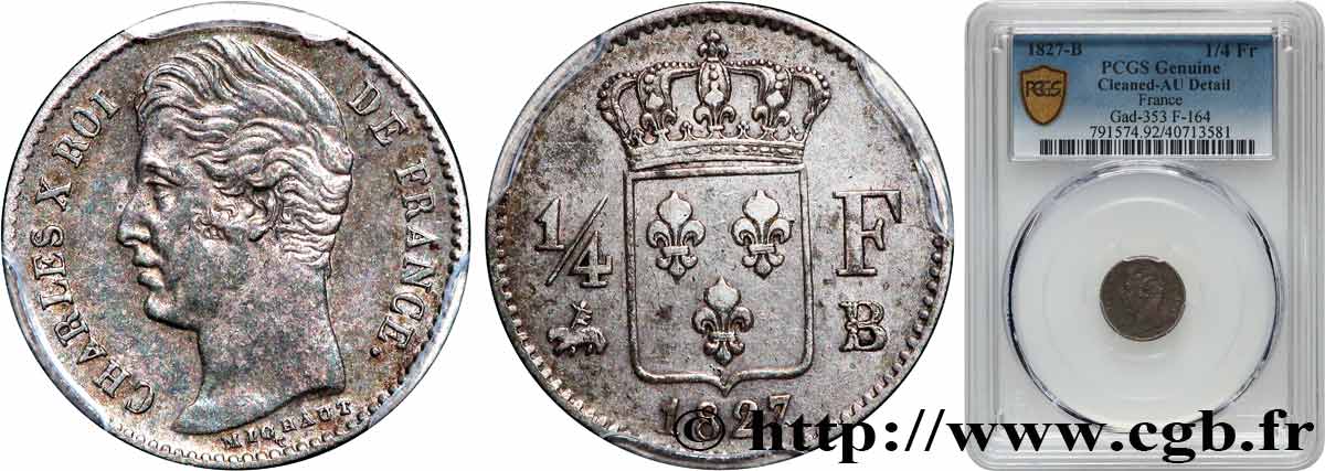 1/4 franc Charles X 1827 Rouen F.164/11 TTB+ PCGS