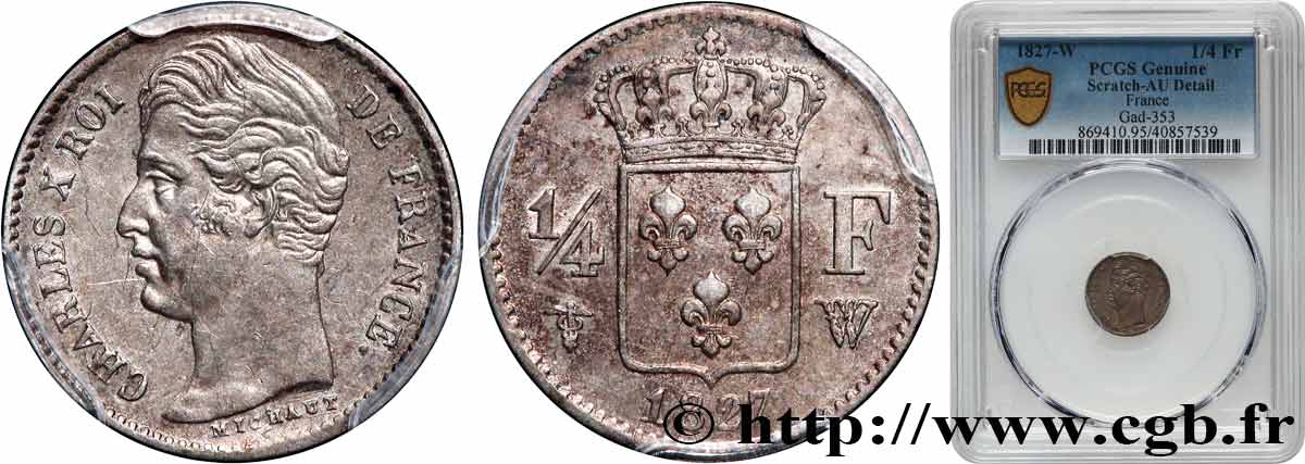 1/4 franc Charles X 1827 Lille F.164/17 AU PCGS