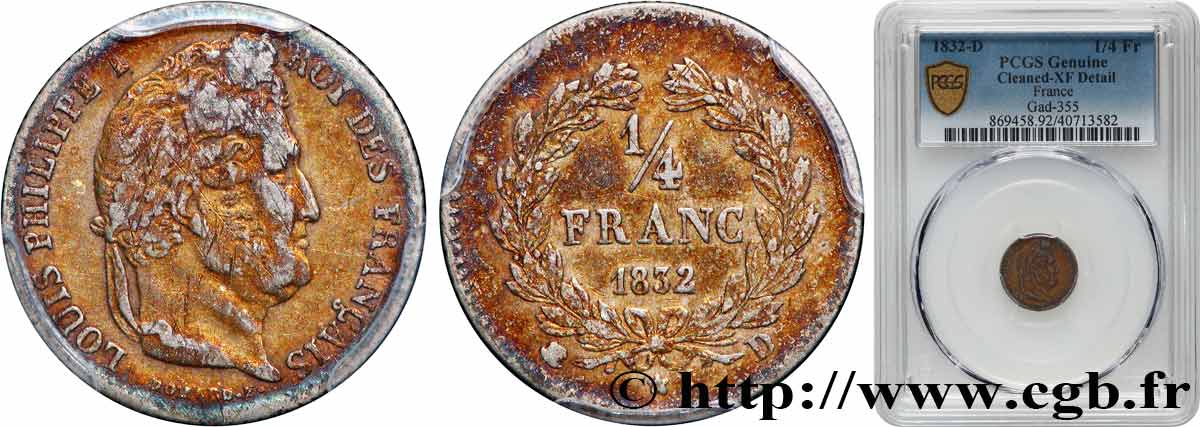 1/4 franc Louis-Philippe 1832 Lyon F.166/18 TTB PCGS