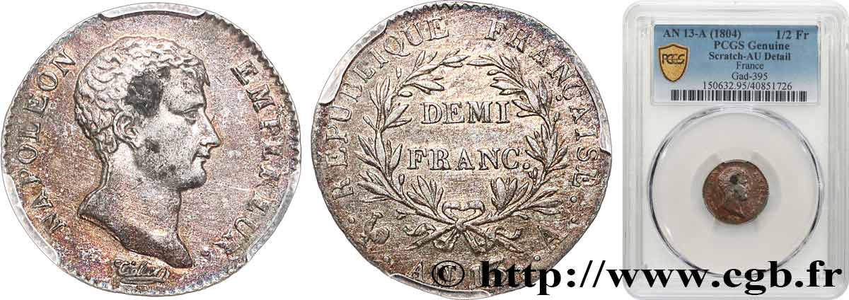 Demi-franc Napoléon Empereur, Calendrier révolutionnaire 1805 Paris F.174/10 TTB+ PCGS