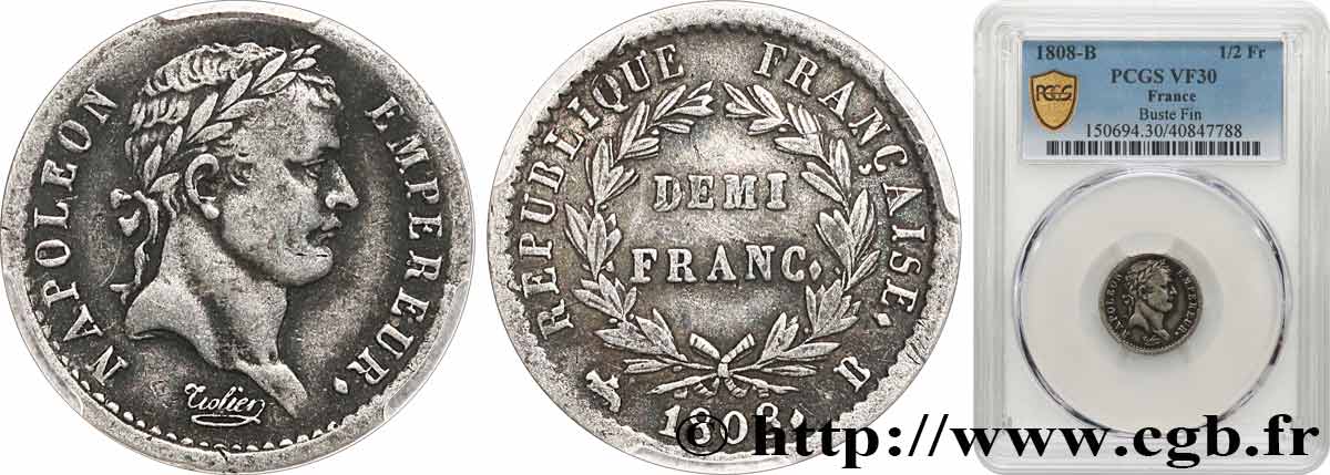 Demi-franc Napoléon Ier tête laurée, République française 1808 Rouen F.177/3 S30 PCGS