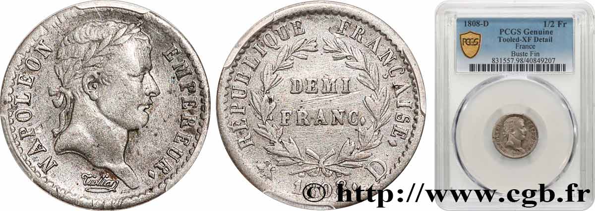 Demi-franc Napoléon Ier tête laurée, République française 1808 Lyon F.177/5 MBC PCGS