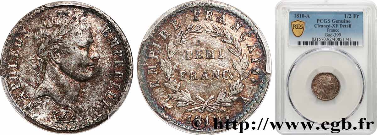Demi-franc Napoléon Ier tête laurée, Empire français 1810 Paris F.178/10 TTB PCGS