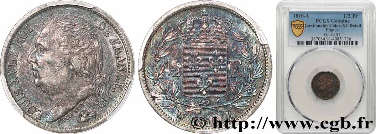 1/2 franc Louis XVIII 1816 Paris F.179/1 TTB+ PCGS