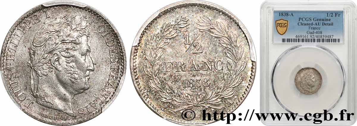 1/2 franc Louis-Philippe 1838 Paris F.182/73 AU PCGS
