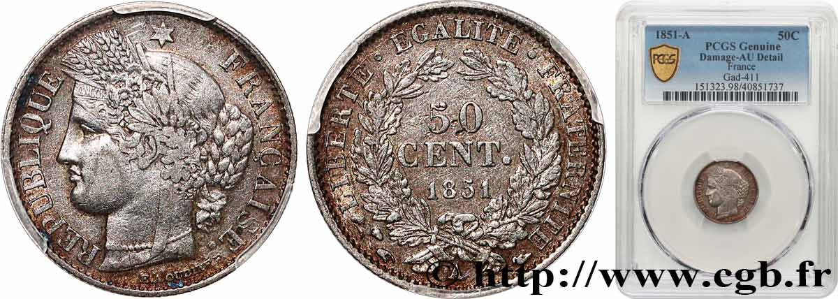 50 centimes Cérès, IIe République 1851 Paris F.184/5 fVZ PCGS