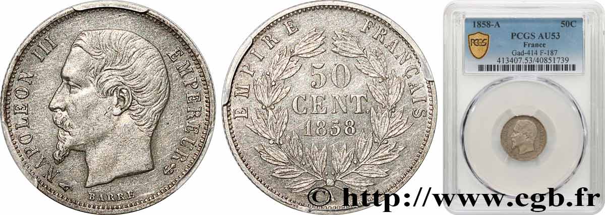 50 centimes Napoléon III, tête nue 1858 Paris F.187/9 BB53 PCGS