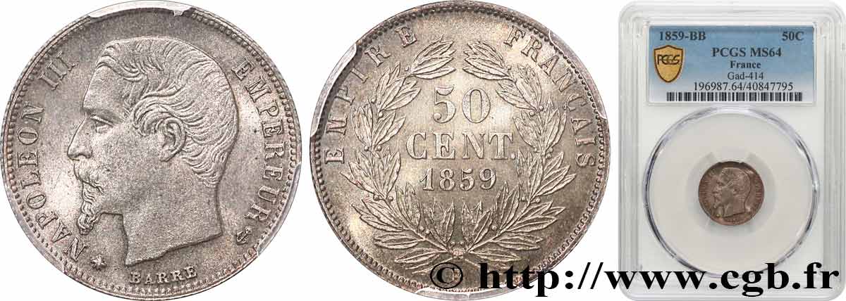 50 centimes Napoléon III, tête nue 1859 Strasbourg F.187/11 SPL64 PCGS