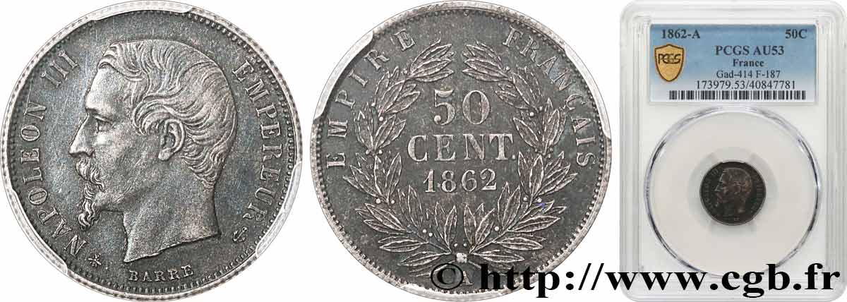 50 centimes Napoléon III, tête nue 1862 Paris F.187/16 TTB53 PCGS