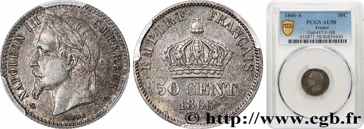 50 centimes Napoléon III, tête laurée 1866 Paris F.188/9 AU58 PCGS
