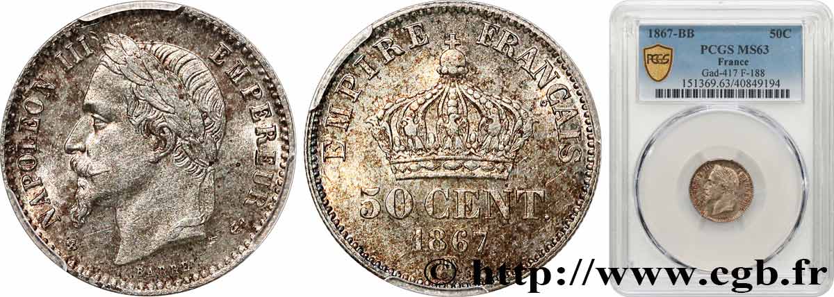 50 centimes Napoléon III, tête laurée 1867 Strasbourg F.188/15 SPL63 PCGS