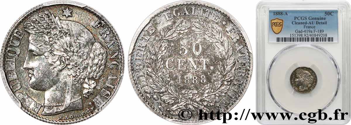 50 centimes Cérès, Troisième République 1888 Paris F.189/13 TTB+ PCGS