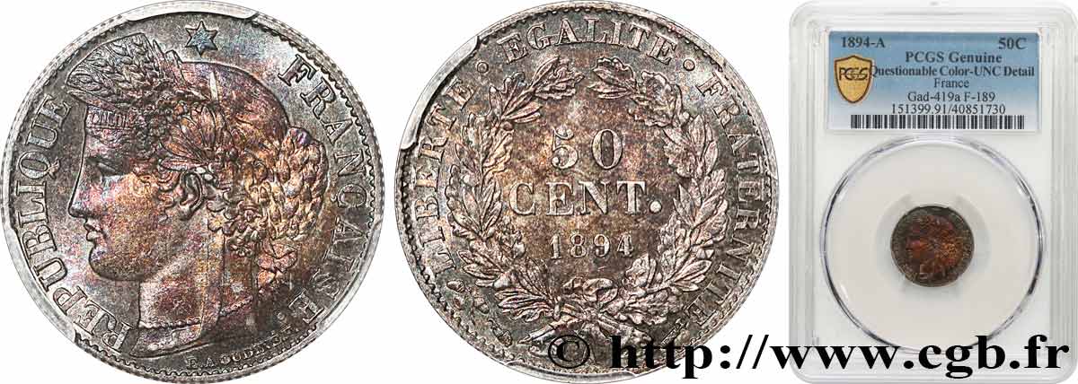 50 centimes Cérès, Troisième République 1894 Paris F.189/15 SPL+ PCGS