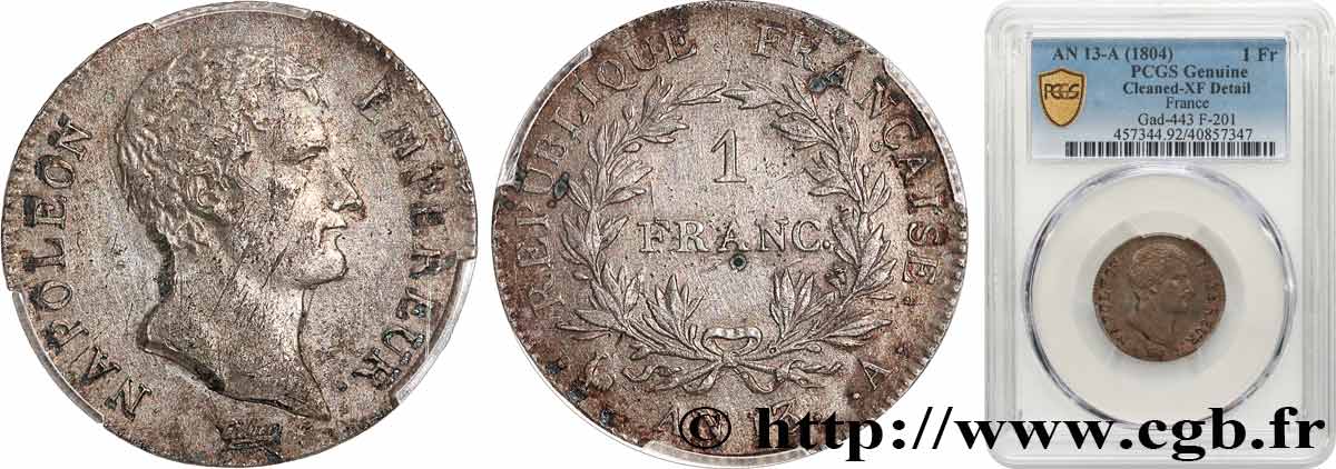 1 franc Napoléon Empereur, Calendrier révolutionnaire 1805 Paris F.201/14 MBC PCGS