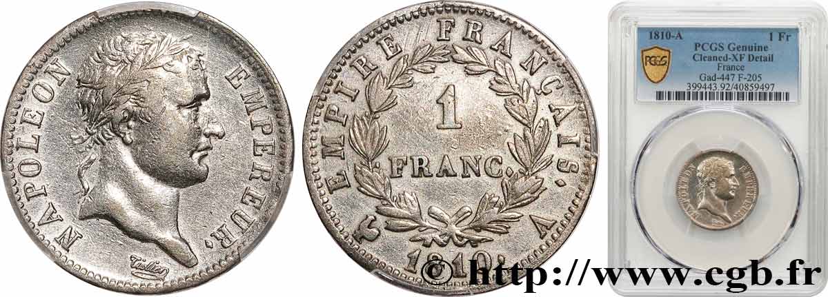 1 franc Napoléon Ier tête laurée, Empire français 1810 Paris F.205/12 SS PCGS