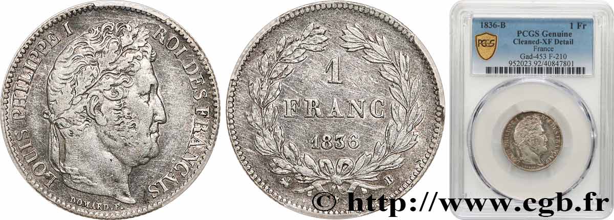 1 franc Louis-Philippe, couronne de chêne 1836 Rouen F.210/51 XF PCGS