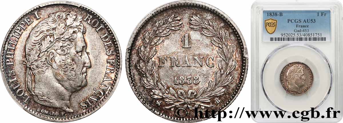 1 franc Louis-Philippe, couronne de chêne 1838 Rouen F.210/63 AU53 PCGS