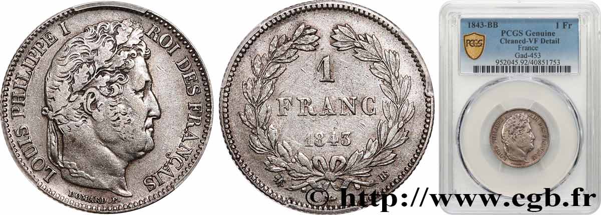 1 franc Louis-Philippe, couronne de chêne 1843 Strasbourg F.210/92 VF PCGS