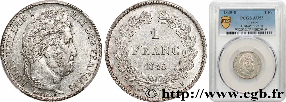 1 franc Louis-Philippe, couronne de chêne 1845 Rouen F.210/101 SS53 PCGS