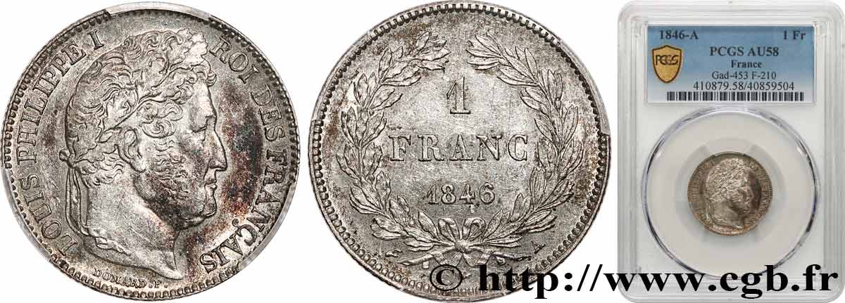 1 franc Louis-Philippe, couronne de chêne 1846 Paris F.210/105 SUP58 PCGS