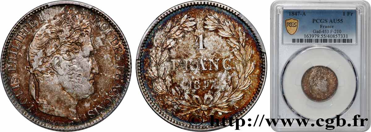 1 franc Louis-Philippe, couronne de chêne 1847 Paris F.210/110 SUP55 PCGS