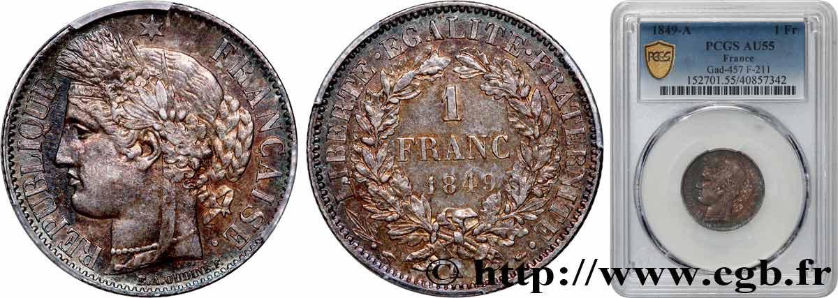 1 franc Cérès, IIe République 1849 Paris F.211/1 AU55 PCGS