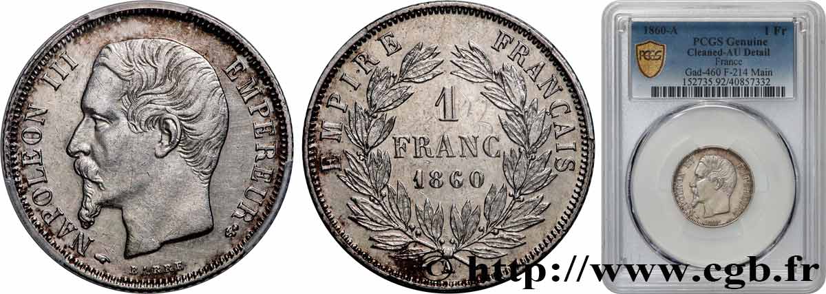 1 franc Napoléon III, tête nue 1860 Paris F.214/14 AU PCGS