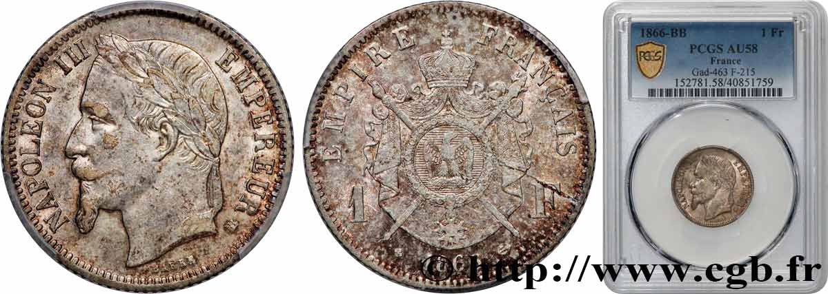 1 franc Napoléon III, tête laurée 1866 Strasbourg F.215/2 SUP58 PCGS